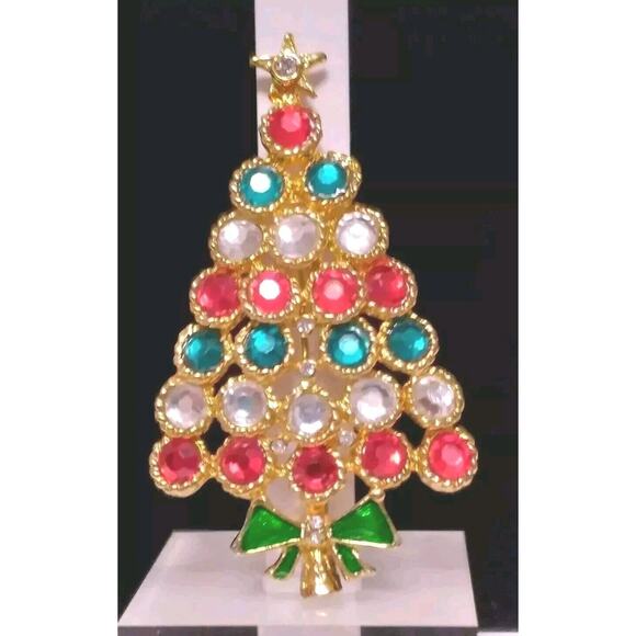 Vintage Brooch Christmas Tree Goldtone Rhinestones Facted Star Enamel Bow 2 In. - Picture 2 of 8